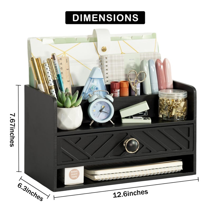 dreampossible Black Wood Desk Organizer and Accessories with Drawer  Bill Mail Organizer and File Mail Holder for Office Supplies  Desk Accessories & Workspace Organizers for Desk Organization - Image 4